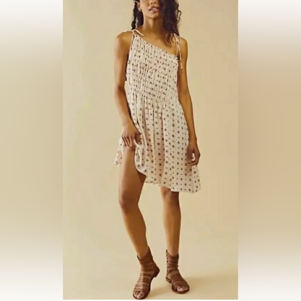 Free People Clementina Mini Dress Size M Ivory Floral Combo Asymmetrical Lined